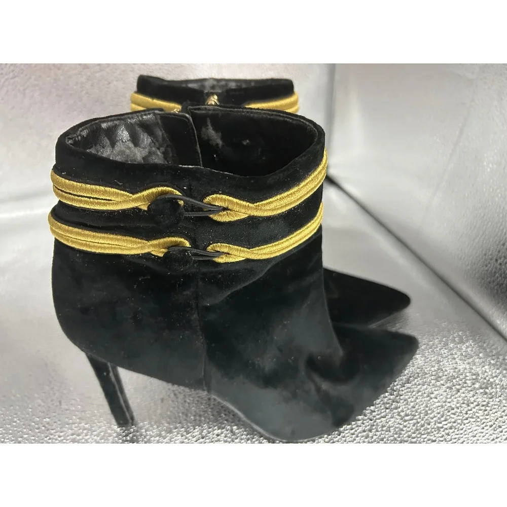 Black Velvet Ankle‎ Boots Gold Military Trim Pointed Toe Stiletto Heel Booties